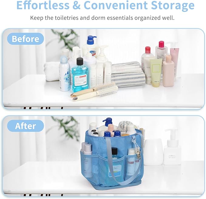 Mesh Shower Caddy Portable for College Dorm Room Essentials, Shower Tote Bag with Hanging Hook and Drawstring, Quick Dry Toiletry Bag with 6 Pockets for Bathroom, Swimming, Gym, Camping, Beach, Travel