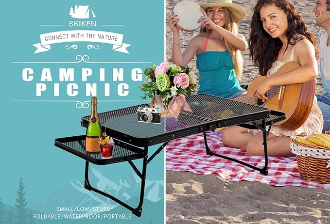 Small Low Camping Table with 2 Wing Panels, Folding Low Picnic & Outdoor Table with 2 Shelves, Lightweight & Easy Carry for Beach, Fishing, Sturdy Steel Mesh Top (3 FT, Black)