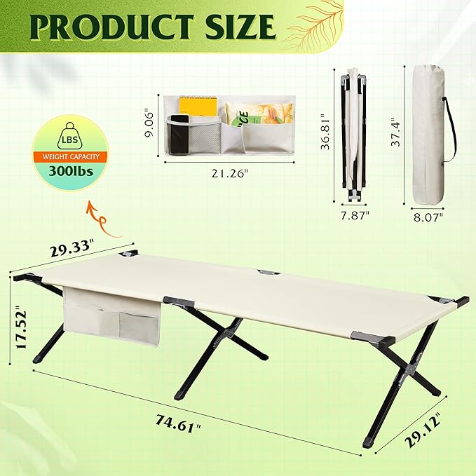 WLIVE Military Camping Cot, Portable Folding Cots for Sleeping with Carry Bag, Outdoor Camping Bed for Adults with Side Pocket, Support 300 Lbs, Silver Greige