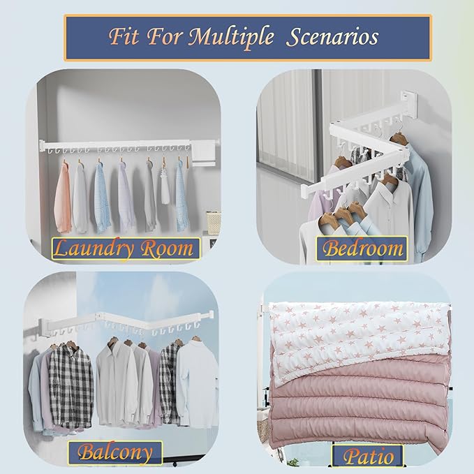 Dr.DJ Clothes Drying Rack for Laundry, Retractable Clothes Hanger Rack Wall Mounted Folding Indoor, Drying Rack, Space Saver Clothes Rack,Collapsible (Tri-Fold) with 18 J-Hooks Laundry Rack White