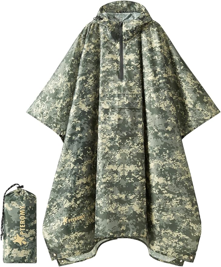 PTEROMY Hooded Rain Poncho for Adult with Pocket, Waterproof Lightweight Unisex Raincoat for Hiking Camping Emergency