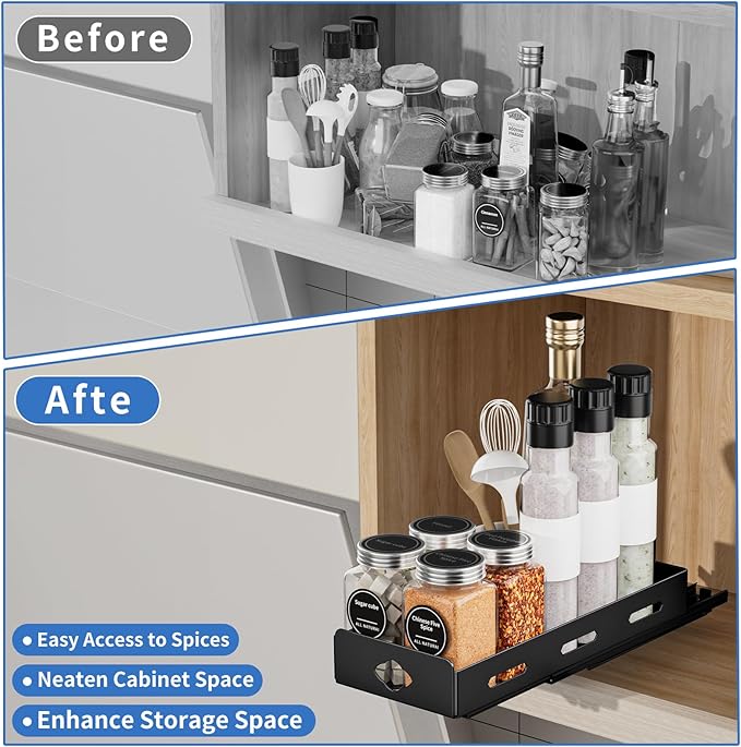 Pull Out Spice Rack Organizer for Cabinet, Heavy Duty-Slide Out Spice Rack, Vertical Spice Rack for Kitchen Cabinet and Pantry (4.2''Wx10.5''Dx2.8''H, Metal Black)