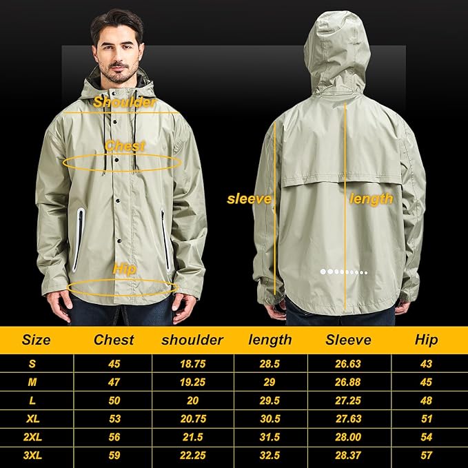 Men's Packable Rain Jacket Waterproof Outdoor Classic Lightweight Raincoat Hooded Windbreaker