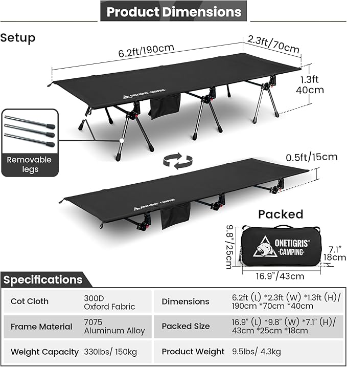 ONETIGRIS SUPRANUBIS Camping Cot, Height Adjustable with Cot Leg Extenders, Strong Support 330lbs, Lightweight Comfortable Folding Bed for Camping, Hiking, Travel, Truck, Beach, Office Nap