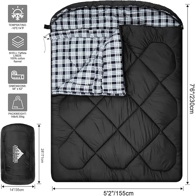 AGEMORE 0 Degree Double Sleeping Bag for Adults, Cotton Flannel Lined 2 Person Queen Size Warm Sleeping Bag for Family Winter Camping or RV Traveling