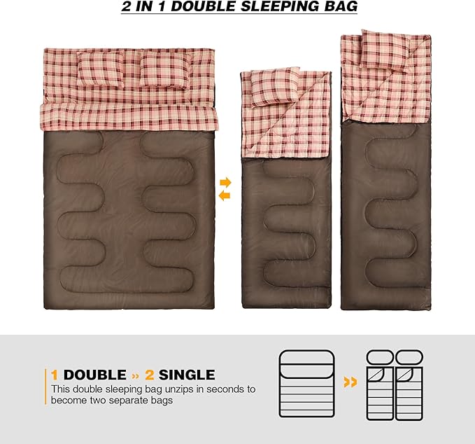 REDCAMP Cotton Double Sleeping Bag for Adults, 2 Person Cold Weather Queen Size Flannel Sleeping Bags for Camping, Black/Navy Blue