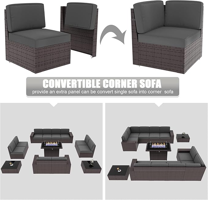 LayinSun 13 Pieces Outdoor Patio Furniture Set with 44" Fire Pit Table Brown Rattan Sectional Sofa Conversation Sets