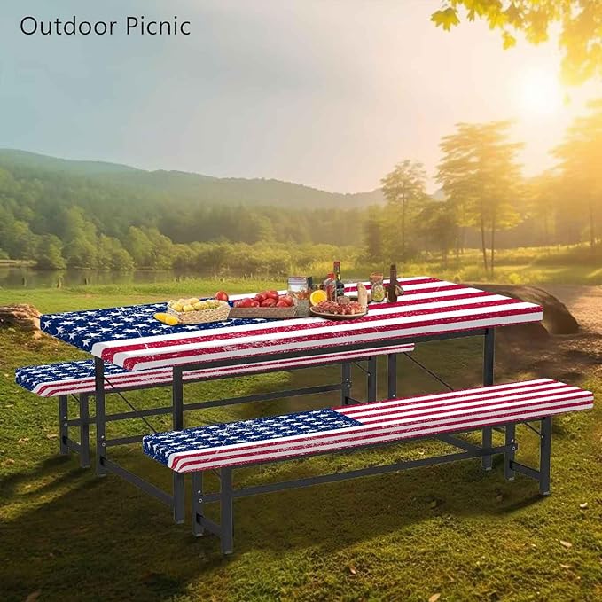 CAPSCEOLL Fitted Picnic Table Cover with Bench Covers 4Th of July Waterproof Camping Tablecloth All-Weather Outdoor Table Protector with Drawstring Bag for Camping Essentials, 72X30in, American Flag
