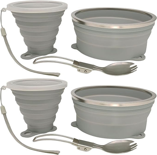 Mess Kit for Camping Silicone Collapsible Bowl Collapsible Cup and Stainless Steel Spoon for Backpacking Outdoor Hiking Traveling and Picnic - 2 Pack