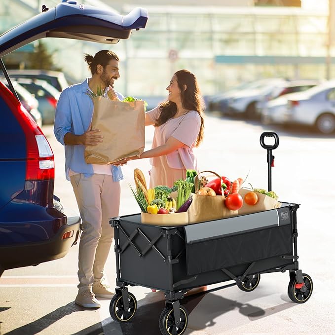 TIMBER RIDGE Collapsible Wagon Cart with Brakes, 200L Large Capacity Compact Portable Easy to Carry Folding Wagon, Utility Grocery Cart for Camping, Gardening, Shopping