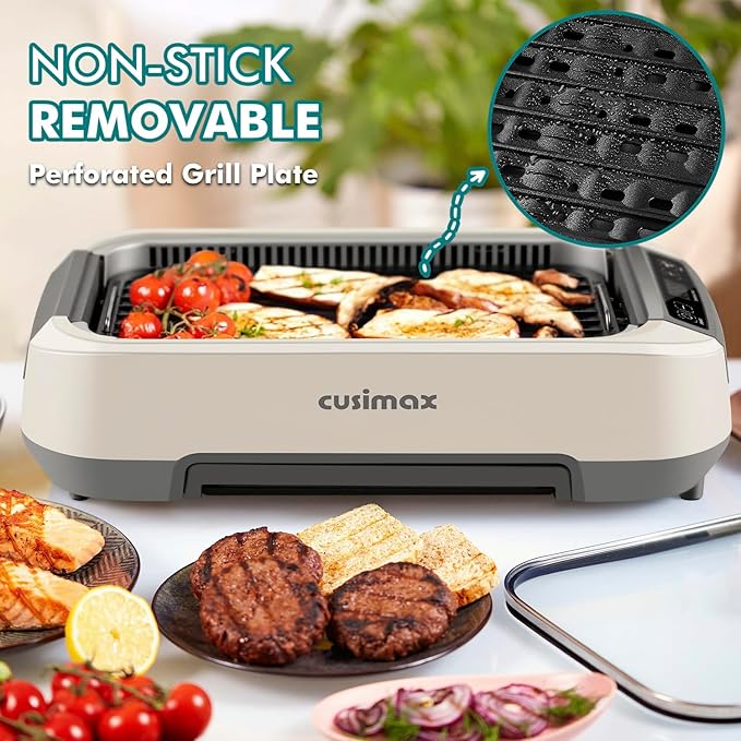 Smokeless Indoor Grill, CUSIMAX Electric Grill, 1500W Korean BBQ Grill with LED Smart Display & Tempered Glass Lid, Non-stick Removable Grill Plate, Turbo Smoke Extractor, White New Model