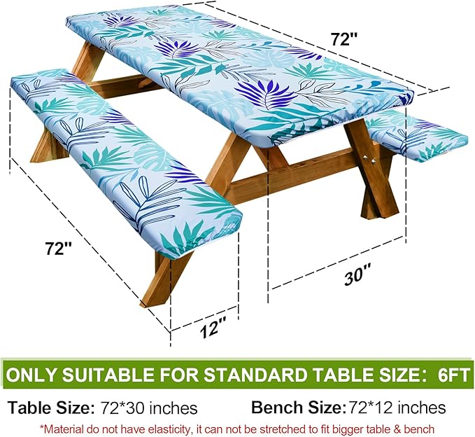 Picnic Table Cover with Bench Covers Camping Essentials Waterproof Windproof Camping Tablecloth with Drawstring Bag, Fitted Rectangle Tables and Seats, 72in, Light Green Blue