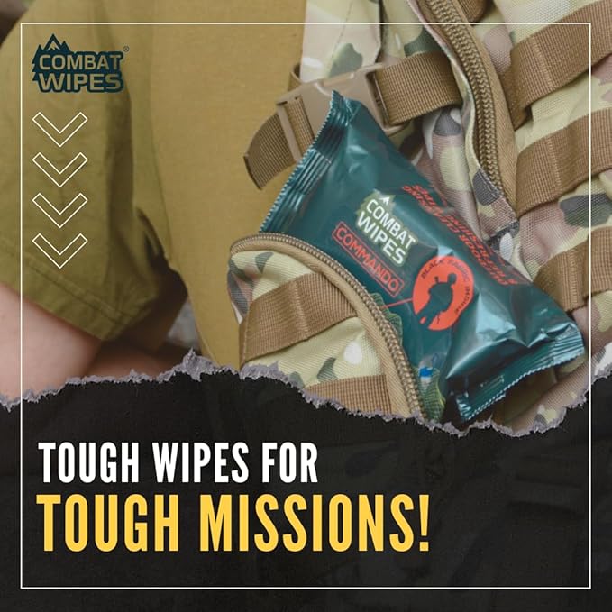 COMBAT WIPES Commando Black, Unscented Camouflage Wet Wipes | Thick, Ultralight, Biodegradable, Heavy Duty Cleansing Cloths for Camping, Military, Hunting & Backpacking (2 Pack)