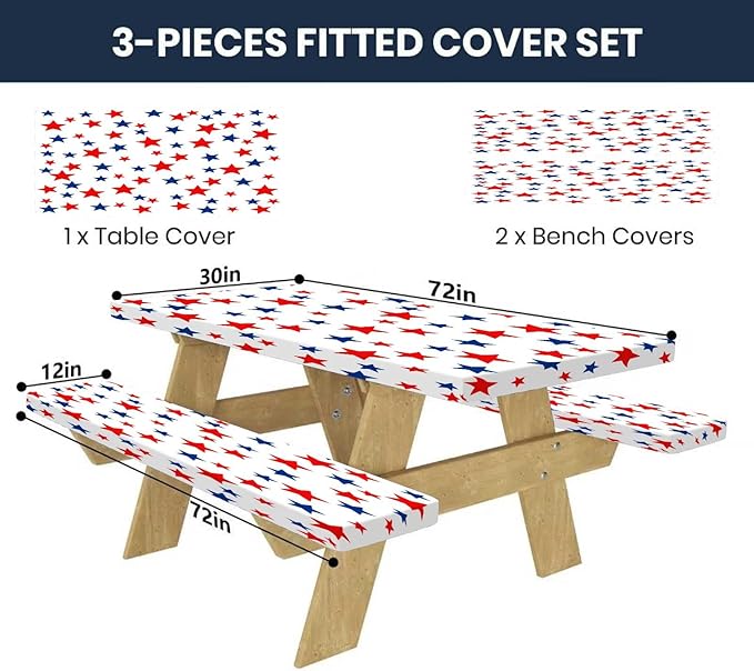 CAPSCEOLL Picnic Table Cover with Bench Covers 4Th of July Waterproof Camping Tablecloth All-Weather Outdoor Table Protector with Drawstring Bag for Camping Essentials, 72X30in, Stars