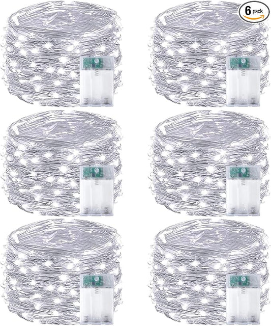 6-Pack Fairy Lights Battery Operated with Timer, Waterproof 16FT 50 LED String Lights Indoor Outdoor, Cuttable Starry Fairy Lights for Christmas Home Bedroom Wedding DIY Centerpiece Decor (Cool White)