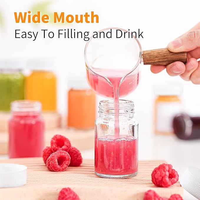 8 Pack, 2 oz Glass Shot Bottles w/White Caps & Labels - Small Clear Jar for Ginger, Wellness Shot, Juice, Sample, Whiskey - Travel Essentials Mini Bottles - Wide Mouth, Leakproof, Dishwasher Safe