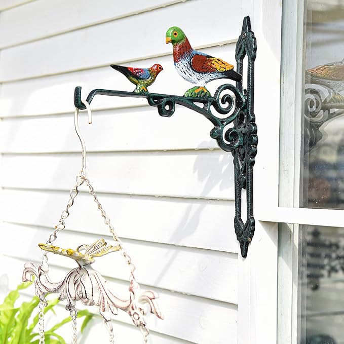 Sungmor Cast Iron Hanging Plant Bracket, 2 Pack Heavy Duty Hanging Basket Brackets, 10" Deep Outdoor Wall Plant Hangers, Decorative Garden Hooks for Flower Basket Bird Feeder Wind Chime Solar Light