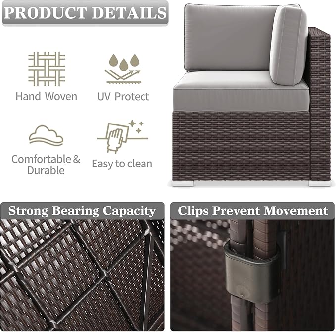 LayinSun 8 Pieces Outdoor Patio Furniture Set with 44" Fire Pit Table Brown Rattan Sectional Sofa Conversation Sets