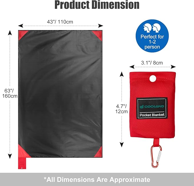 Odoland Beach Blanket Picnic Blanket, 43" x 63" SandProof Waterproof Outdoor Pocket Blanket with Portable Bag, Foldable Lightweight Sand Free Quick Drying Beach Mat for Hiking Camping Travel, Black
