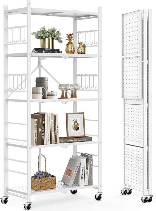 Himix 5-Tier Storage Folding Shelf with 20 Hooks, 4 Wheels, and Adjustable Feet, Stainless Steel