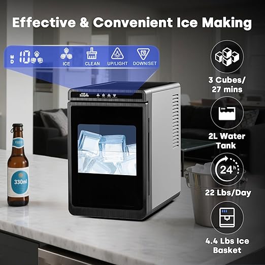 Large Cube Ice Maker Countertop, Nugget Ice Machine with Scoop&Basket, 22lbs/24H, Self-Cleaning, Portable Ice Maker for Whiskey, Cocktails, and Iced Beverages