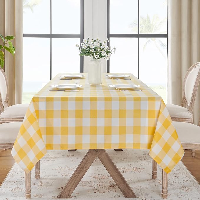 Softalker Gingham Checkered Rectangle Tablecloth - Waterproof Buffalo Plaid Table Cloth Stain Resistant Washable Table Cover for Picnic/Camping/Outdoor - Yellow and White, 60 x 102 Inch