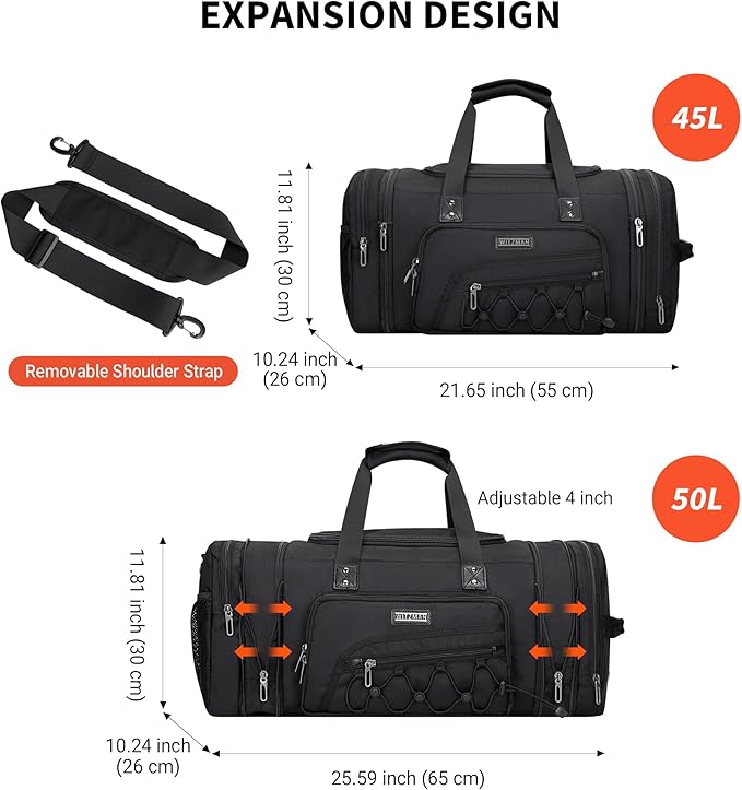 WITZMAN Duffle Bag for Men Nylon Large Gym Weekender Bag with Shoe Compartment Expandable Carry on Overnight Bag(B695 Black)