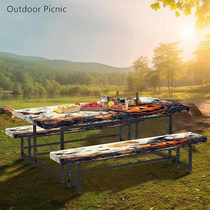 CAPSCEOLL Elastic Picnic Table Cover with Bench Covers 5Ft Waterproof Fitted Picnic Table Cover Cloths for Outdoors Camping Tablecloth with Drawstring Bag, 60X30in, Halloween Pumpkins