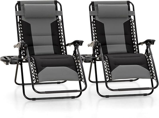 MFSTUDIO Padded Zero Gravity Chair Set of 2, Folding Patio Lounge Recliner with Adjustable Pillows & Cup Holder for Poolside Backyard, Support 400lbs(Grey)