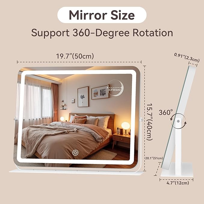 MINISO Vanity Mirror with Lights, 20" x 16" LED Makeup Mirror, Light & Brightness Adjustment, Smart Sensor, 360°Rotation, Aluminum Alloy Metal White Frame, with 10X Magnifying Glass
