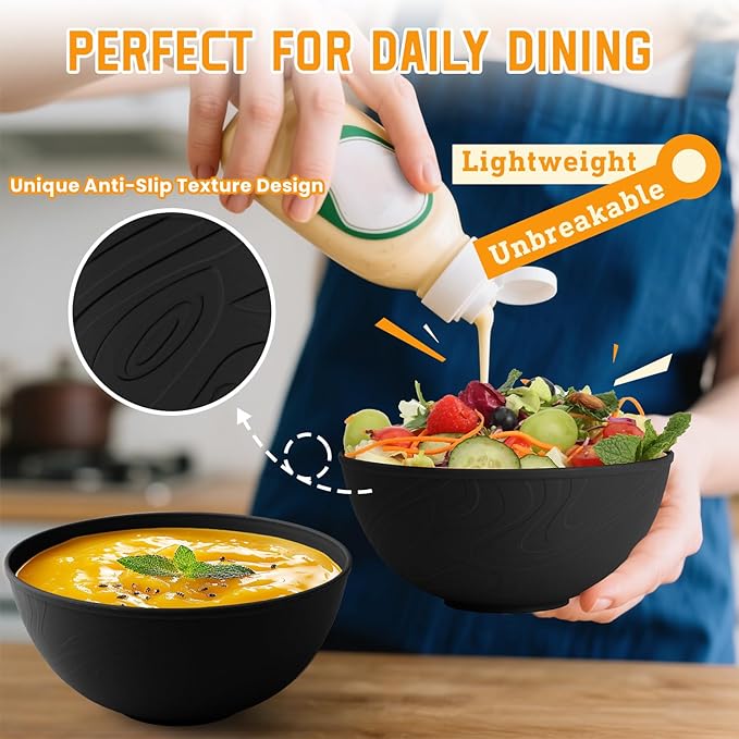 Homienly Wheat Straw Salad Bowls Set of 6, Alternative to Plastic Bowls Reusable, Microwave and Dishwasher Safe Bowl Set, 40 OZ Large Capacity for Cereal, Soup, Popcorn, Ramen, Anti-Slip Texture-Black