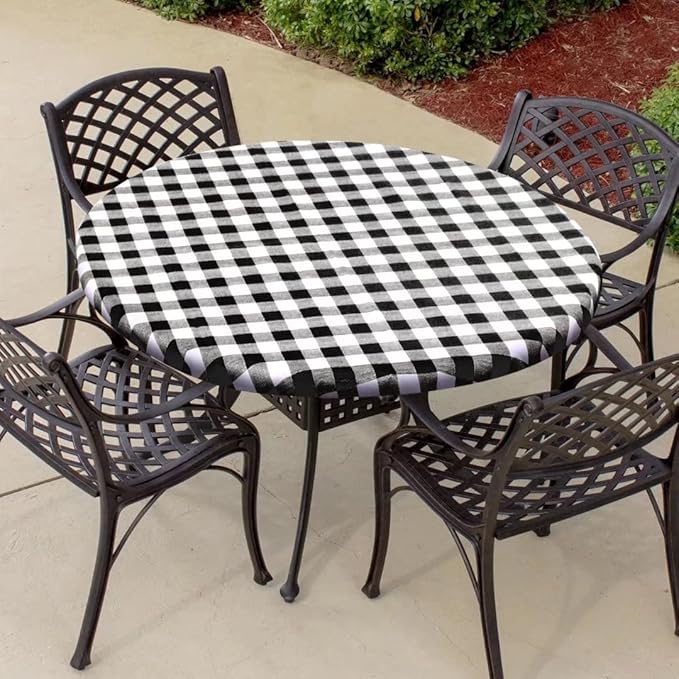 Fitable Vinyl Fitted Tablecloth Round, Black and White - Waterproof Checkered Elastic Tablecloth Flannel Backed Gingham Table Cover for Outdoor Picnic Dining (Fit for 36"-44" Round Tables)