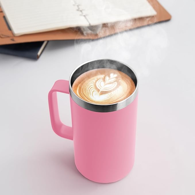 DOMICARE 24oz Mug with Handle and Lid, Stainless Steel Coffee Mug, Travel Mug with Handle, Double Wall Vacuum Coffee Tumbler, Reusable Insulated Cup, Pink, Pack 4