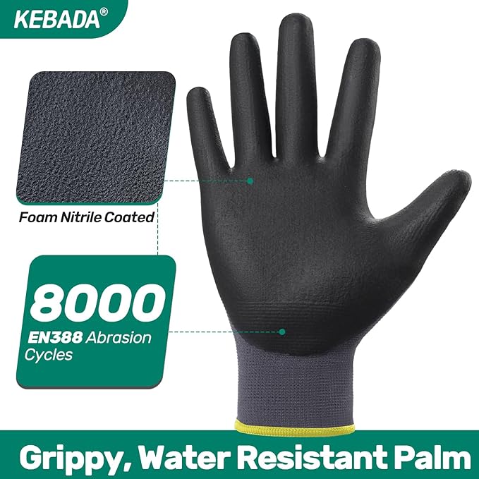 Kebada W5 Work Gloves Bulk Pack (60 Paris), Foam Nitrile Coated Working Gloves with Grip, Ultra Stretchable Spandex Knit Gloves for Gardening and Light Duty Mechanic Work, Small (Made in Vietnam)