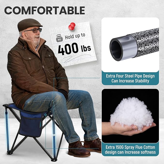 FUNDANGO Folding Camping Stool, 18.1 Inch Oversized Foot Stools 400 Lbs Heavy Duty Portable Padded Seat Anti-Slip Foots & Carry Bag for Fishing Outdoor Lawn Travel (Blue)