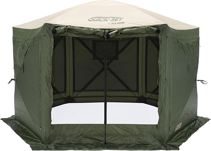 CLAM Pop Up Screen Tent, Outdoor Camping Gazebo Canopy, Pavilion, 12.5', Green/Tan - Heavy-Duty Portable Screened Shelter with Netting for Beach, Patio, and Backyard