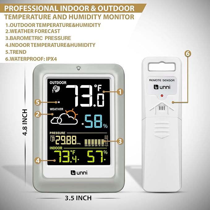 Wireless Weather Stations, with 330ft Range Sensor and Adjustable Backlight Inside Outside Monitor (Colorful)