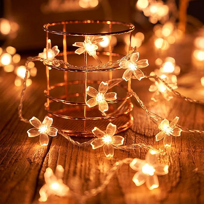 Decorative Flower String Lights for Bedroom, Battery Operated & USB Plug in 10 FT 30 LED Cute Fairy Cherry Blossom Floral Lamps Indoor Outdoor Christmas Holiday Hanging Vine Decorations (Warm White)