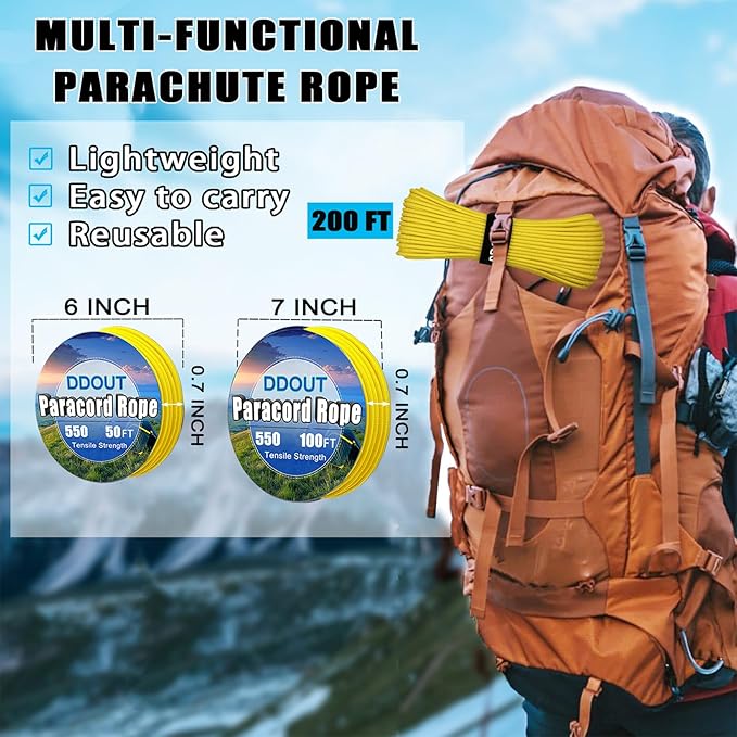 Paracord Nylon Rope Yellow 200ft with 7-Strand Core, 10 Colors and 50/100/200 ft, Type III Parachute Cord 4mm for Camping, Survival, Hiking, DIY, Crafting, Outdoor Utility Rope