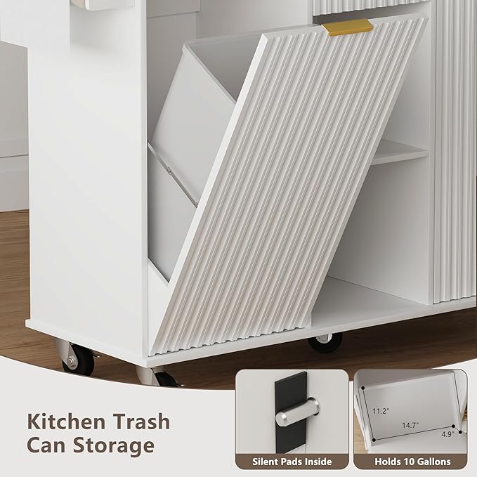 win2win Rolling Kitchen Island with Trash Can Storage, Portable Kitchen Island with Drop Leaf Breakfast Bar, Modern Farmhouse Kitchens Cart on Wheels with Fluted Design, Towel Rack, Spice Rack, White