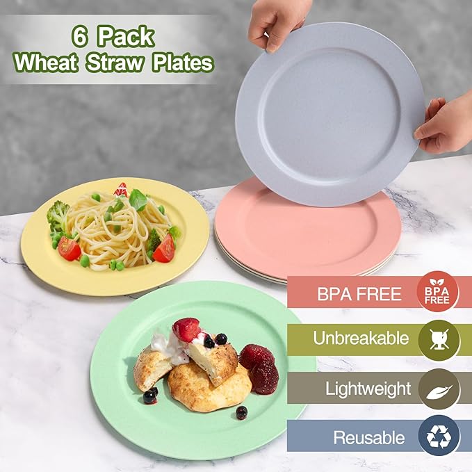 shopwithgreen 10 Inch Wheat Straw Dinner Plates, 6 Pack Unbreakable Sturdy Plastic Reusable Plates, Microwave and Dishwasher Safe Plates Set, Non-Toxic, BPA Free