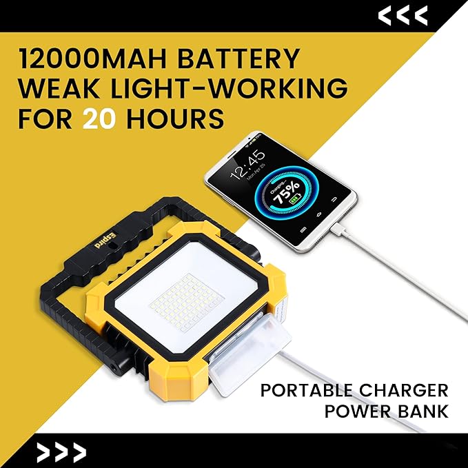 Portable LED Work Solar Light, 12000mAh 10000LM Magnetic Worklight with 4 Modes, Job Site Battery Rechargeable LED Floor Light for Emergency, Camping