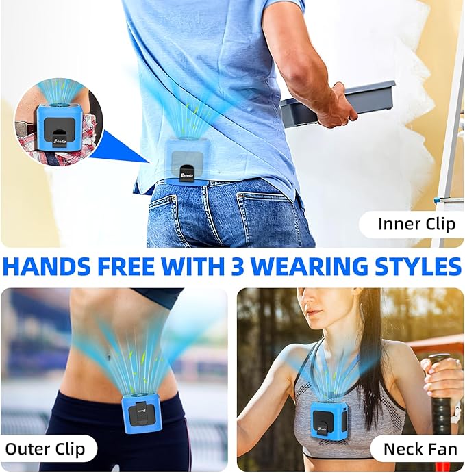 Zeadio Portable Waist Clip Fan, 4 Speeds 10000mAh Operated Hands-free Wearable Necklace Fan, with Lighting and Charging Function for Hot Flashes Home Office Travel Outdoor Sports - Blue