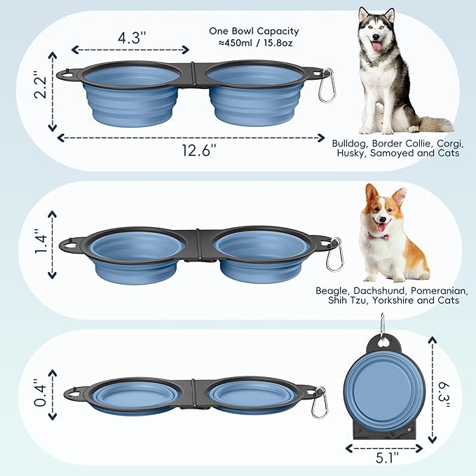 Pawaboo 2-in-1 Collapsible Dog Bowls, Dual Puppy Food and Water Bowls, 180° Flip Over Portable Silicone Dog Bowl with Metal Hook, 450ml Pet Travel Feeder Bowl for Walking Hiking Camping, Morandi Blue