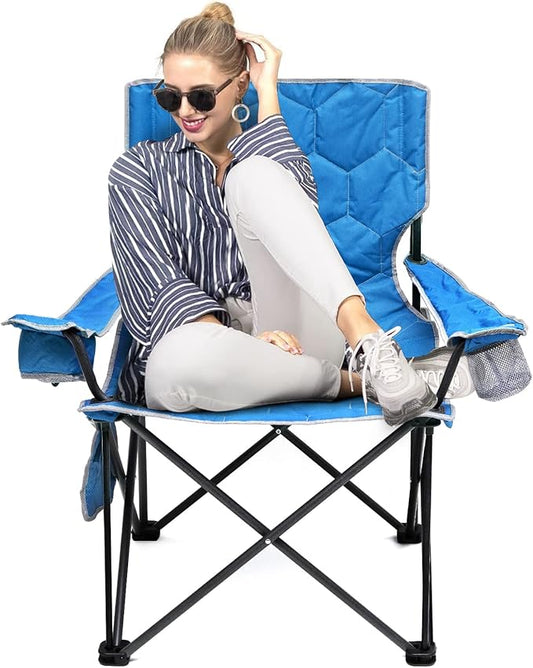 SUNNYFEEL Oversized Folding Camping Chair 500 LBS Heavy Duty Lawn Chairs with Blue Portable Folding with Armrest, Cup Holder, Pocket ＆Bag for Outdoor Camping/Beach/Travel/Picnic/Fishing