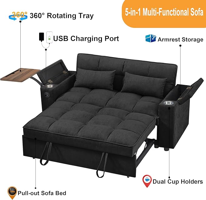 66" Multi-Functional Pull-Out Sofa Bed with Hidden Side Table, Storage Armrests, Built-in Charging Port, Spring Mattress, Solid Wood Frame – Ideal for Small Spaces, Easy Assembly