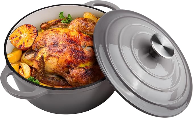 6 Quart Dutch Oven Enameled Cast Iron with Lid - Big Dual Handles - Oven Safe up to 500°F - Classic Round Pot for Versatile Cooking (Light Gray, 6 QT)