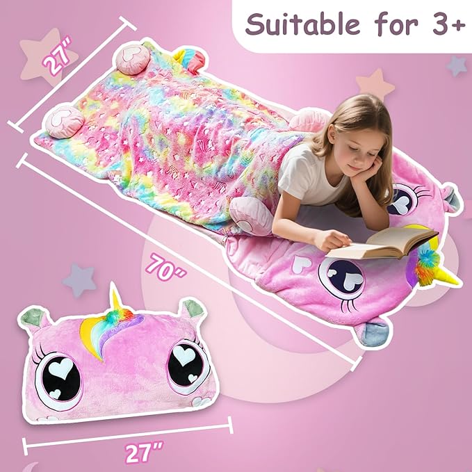 Kids Sleeping Bag, Large Unicorn Slumber Bag for Girls Boys, Portable Toddler Nap Mat, Preschool Daycare Kindergarten Birthday Gift 3-12 Yr Child, Pink