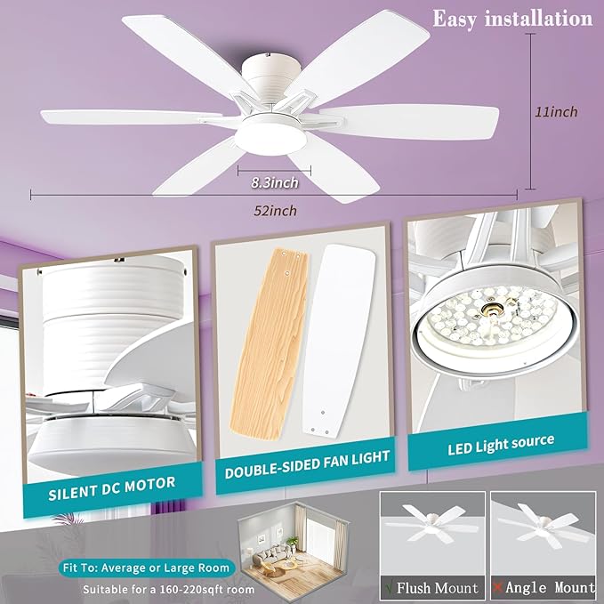 52inch White Ceiling Fans with Lights and Remote/App Control, Low Profile Ceiling Fan with Light and 6 Double-Side blades, Flush Mount, LED/RGB Dimmable DC Reversible Modern Ceiling Fan for
