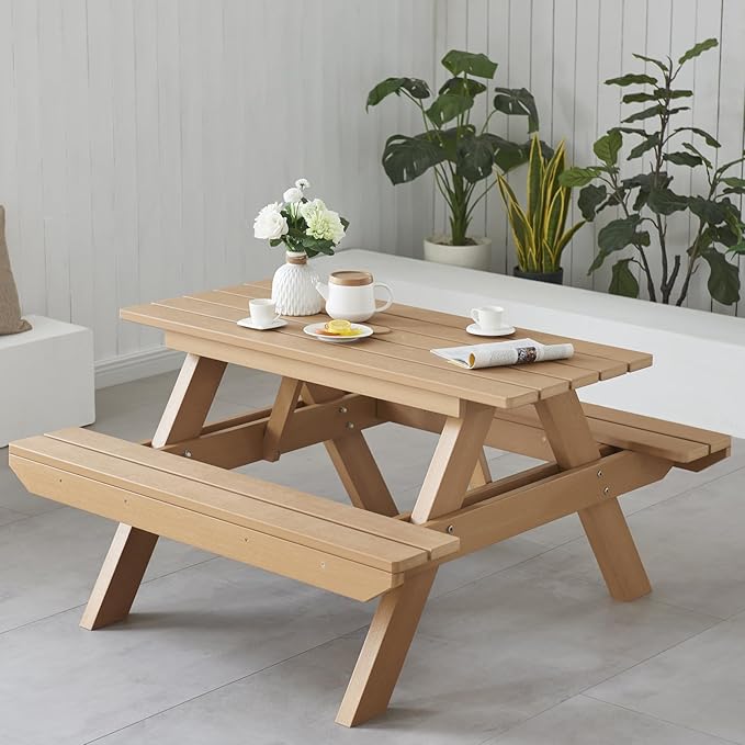 Psilvam Picnic Table - Heavy Duty Poly Lumber with Umbrella Hole & Integrated Benches, 100% Waterproof All-Weather for Patio, Garden (Teak Color)